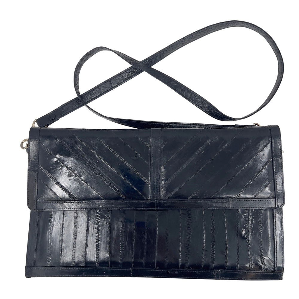 Vintage Womens Eel Skin Clutch Crossbody Bag Black Paneled Exotic Leather Korea